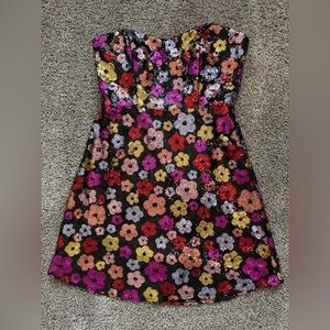 Angel Biba Floral Glitter Sequin Strapless Mini Dress